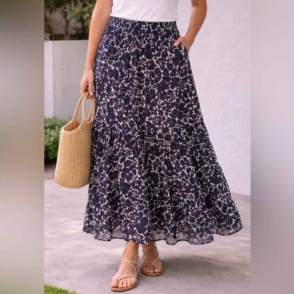 Uniqlo Maxi Skirt Dark Blue White Fabric Size S